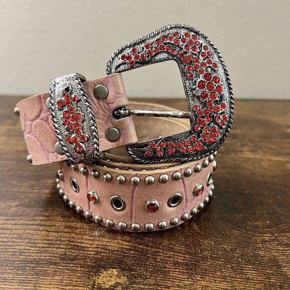 LEATHEROCK Belt Medium Pink Rhinestone Studded Y2K Silver Buckle Leather Grommet - Picture 1 of 9
